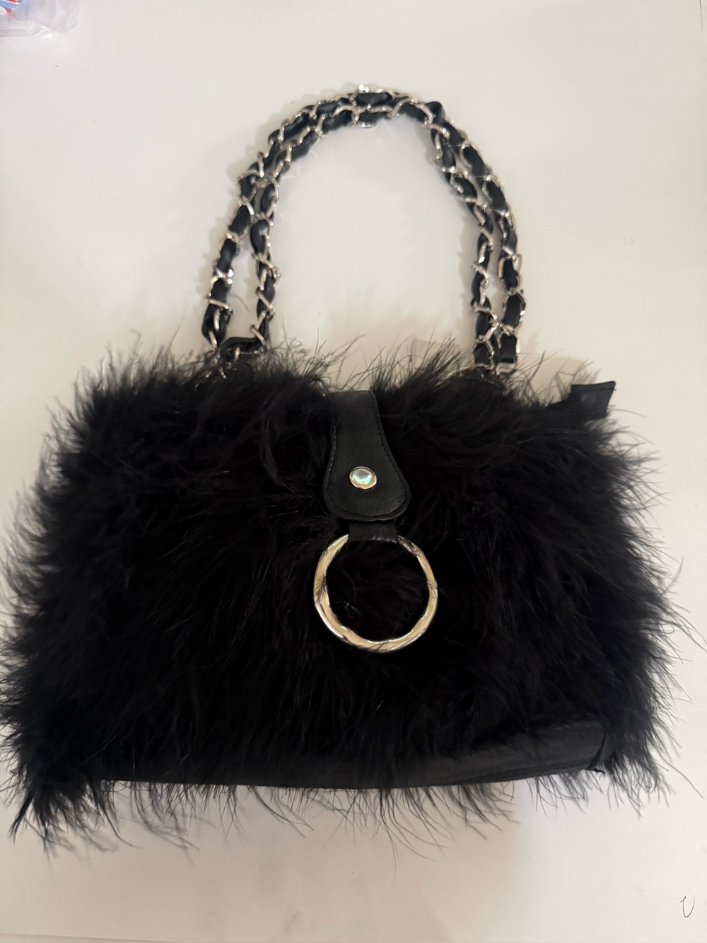 Y2K Black Faux Fur & Feather Shoulder Bag with Woven Chain Strap